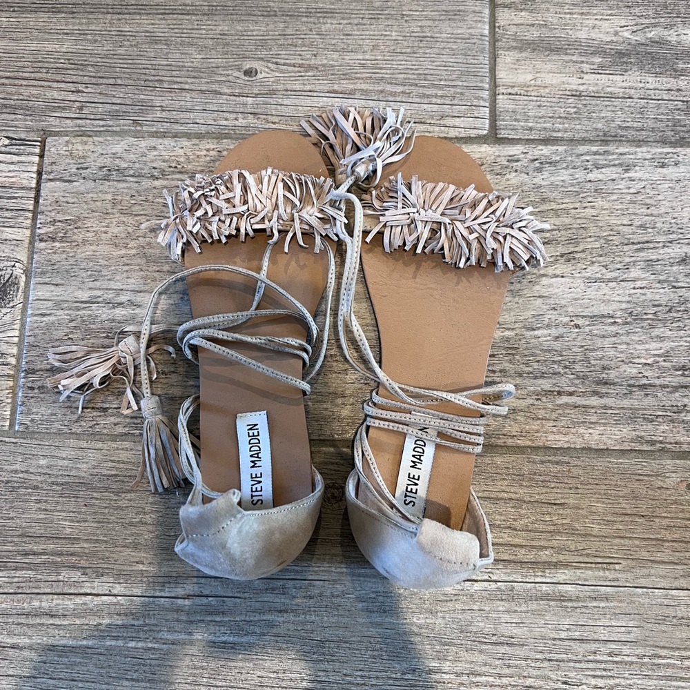 Steve Madden Tan Fringe Lace-Up Sandals